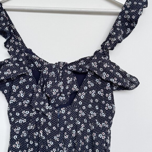 Jumpsuit One piece Summer Navy blue outfit with flower patterns and ruffles - Picture 6 of 12
